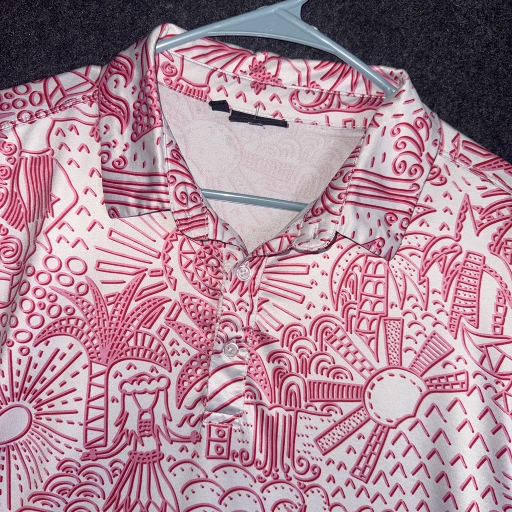 Yatta Golf Shirt Mens Pink/White Polo Hawaiian Abstract Stretch Lightweight Med